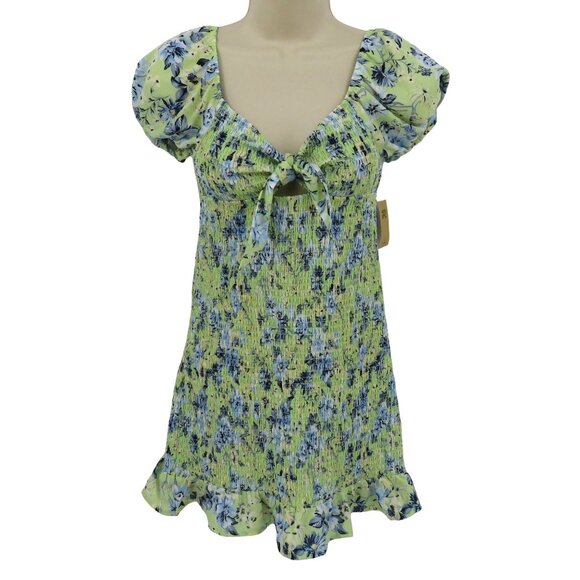 Madden NYC Womens Small Green Blue Flower Floral Puckered Bodycon Sun Dress NEW - Picture 1 of 12
